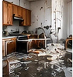 Kitchen with water-stained ceiling and debris, before restoration